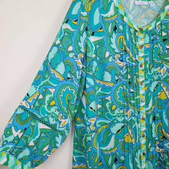 Susan Graver Passport Size L Green Blue Mustard Button Front Relaxed Top Blouse - Picture 3 of 7